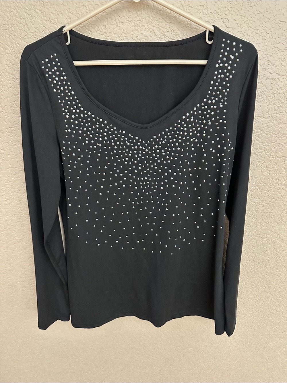Black Long-Sleeve V-Neck Top with Rhinestone Detail